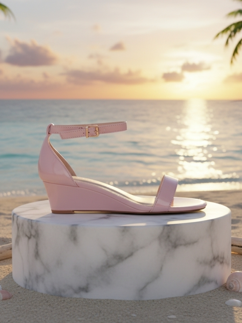 Rosie By J. Adams Small Wedge Sandal With Ankle Strap- Pink Patent Leather